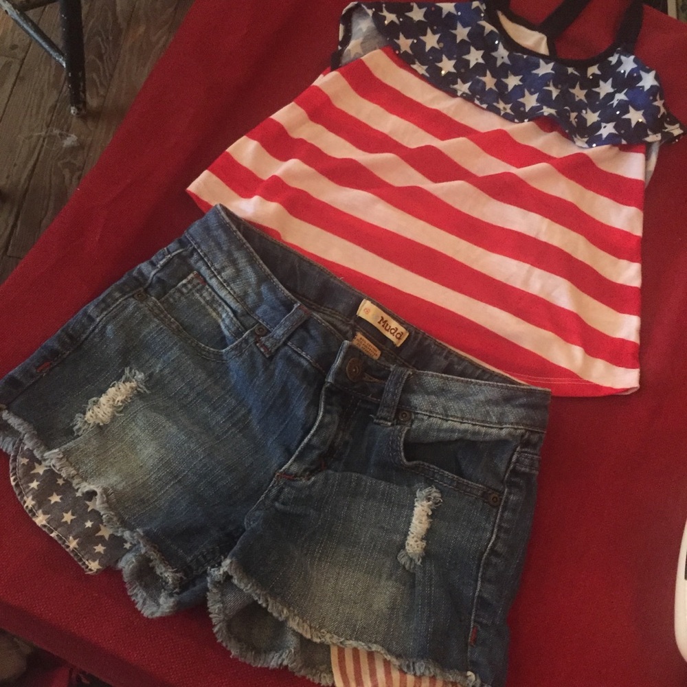 Justice Muff girls flag outfit Jean shorts